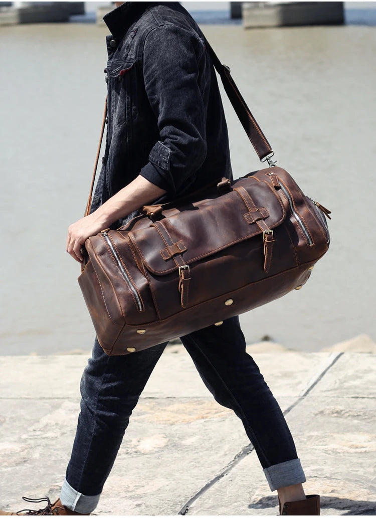 MUNUKI Vintage Crazy Horse Genuine Leather Travel bag  Large Luggage bag men Leather duffle bag Large Weekend Bag Tote Big