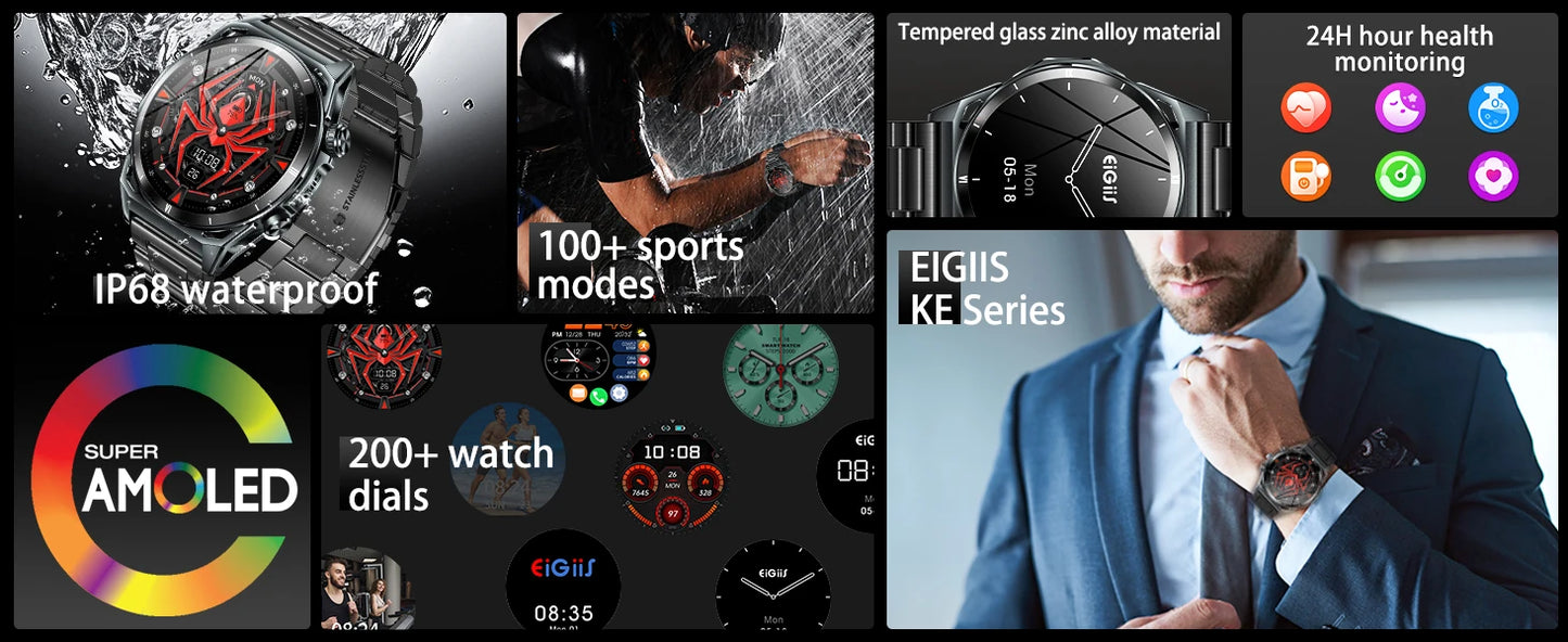 EIGIIS New Smart Watch KE6 1.43" AMOLED Display Men Black Sports Watch KE Series Bluetooth Call Health Monitor IP68 Waterproof