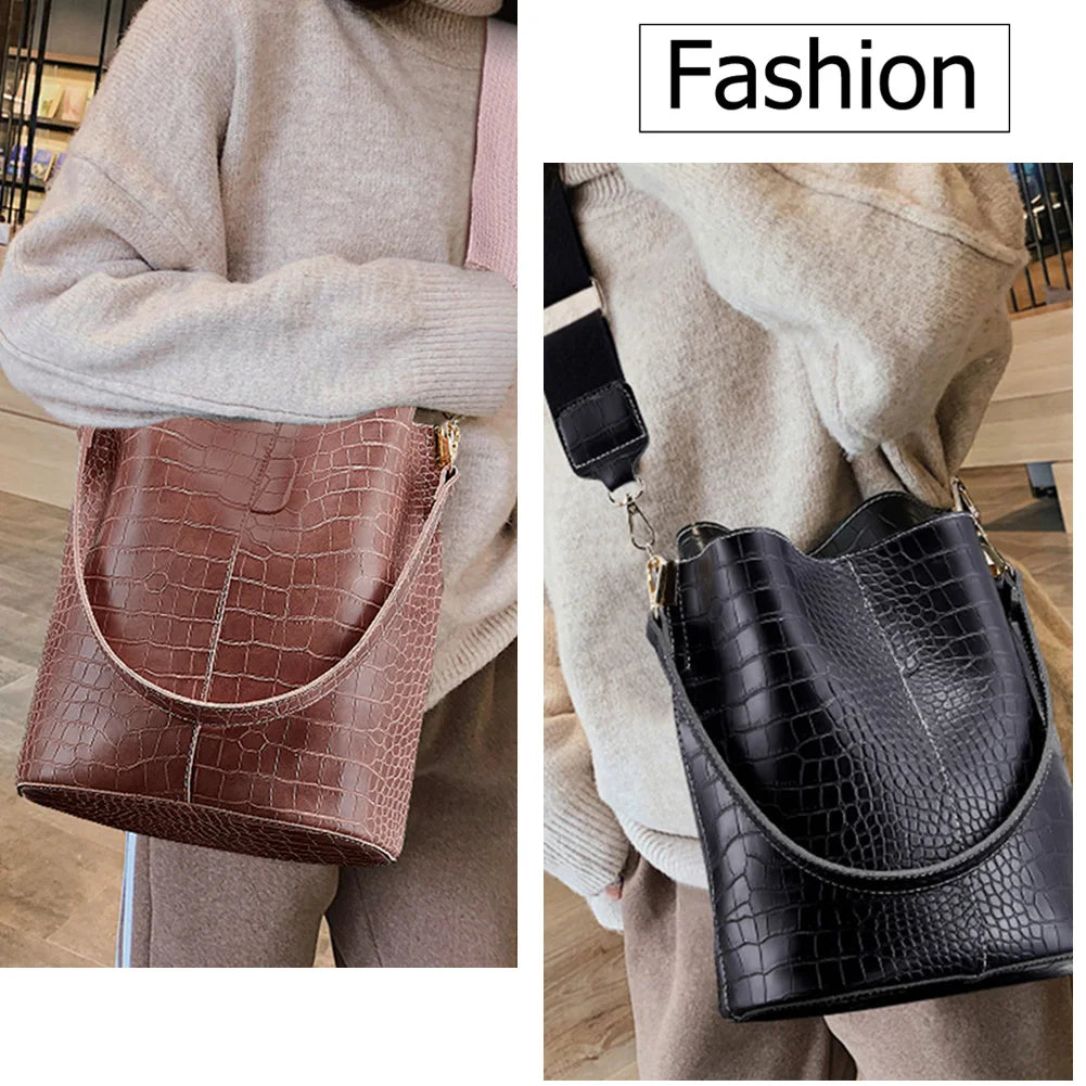 Leather Crossbody Bags Women Large-capacity Patchwork Fashion Bucket Bags Crocodile Pattern Shoulder Messenger Handbag