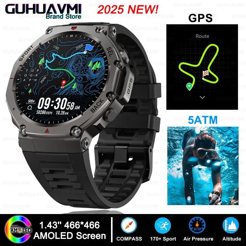 2025 New GPS Smart Watch Men 1.43" AMOLED HD Screen Compass Altimeter 5ATM Waterproof Outdoor Military Smart Bracelet For HUAWEI