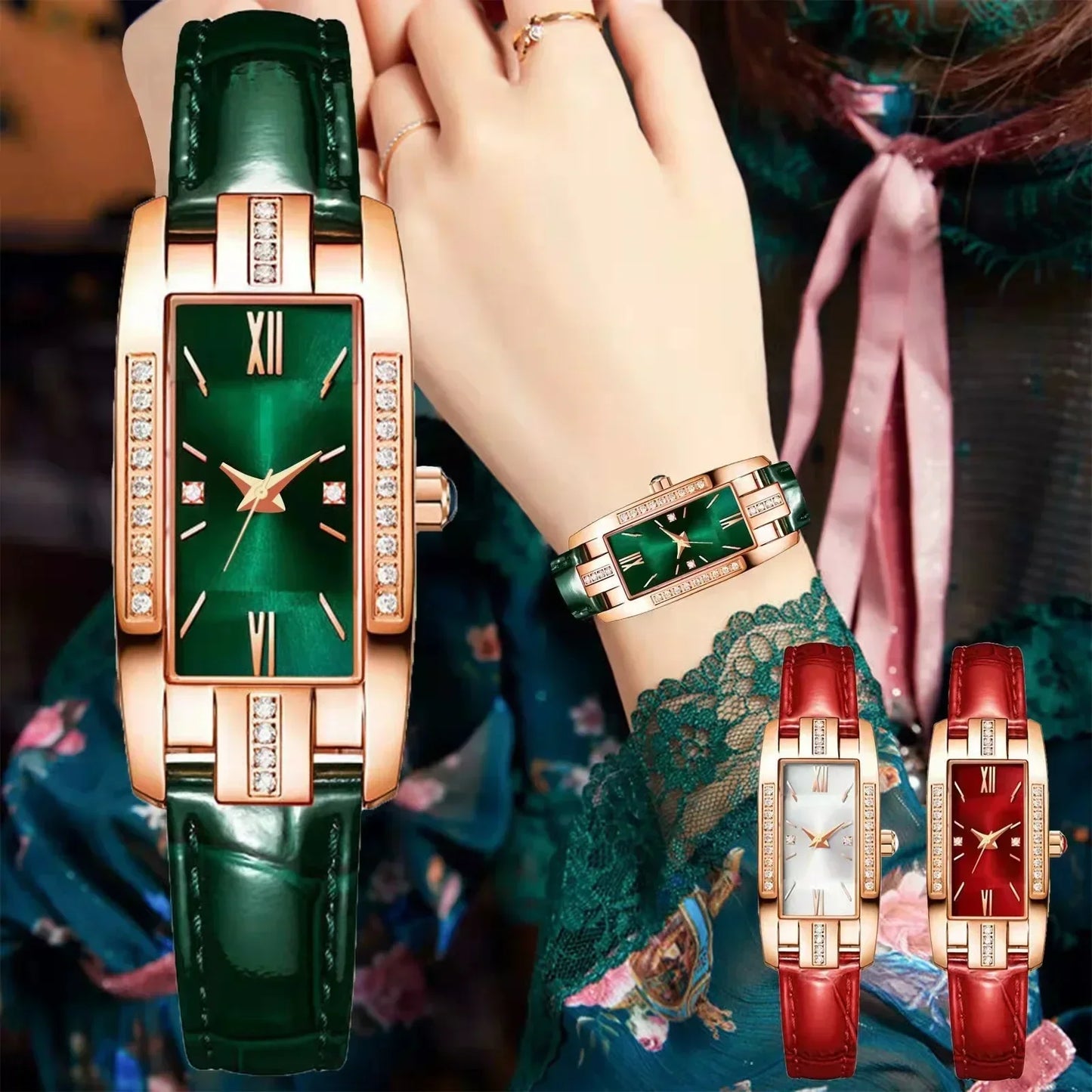 WOKAI high quality classic retro women's belt quartz square green quartz watch Student women's wear clock luxury style