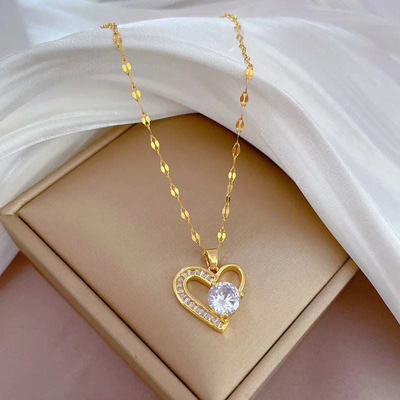 Trendy Heart Stainless Steel Zirconia Necklaces For Women Girls Love Gold Color Metal Necklace Party Birthday Daily Jewelry