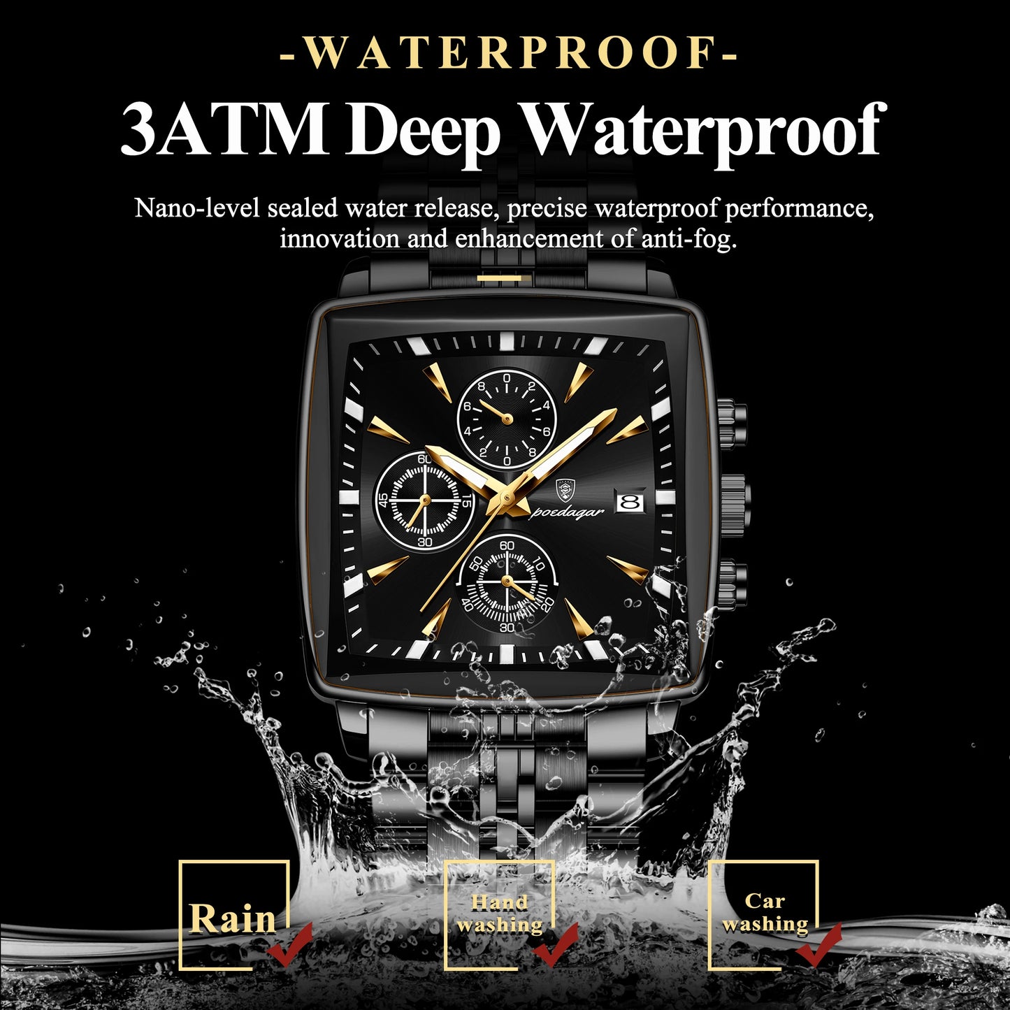 POEDAGAR Business Men Clock Waterproof Luminous Calendar Chronograph Square Man Watch Stainless Steel Quartz Men's Watches Reloj